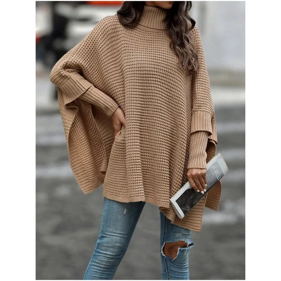 Cozy Turtleneck Oversized Poncho Sweater Top - Picture 5 of 5